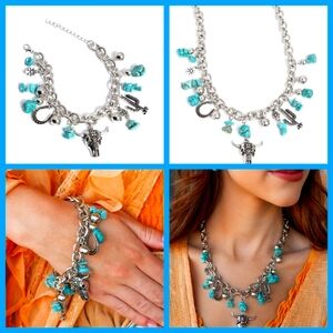 Silvertone and Blue Necklace with Turquoise Charms NWT